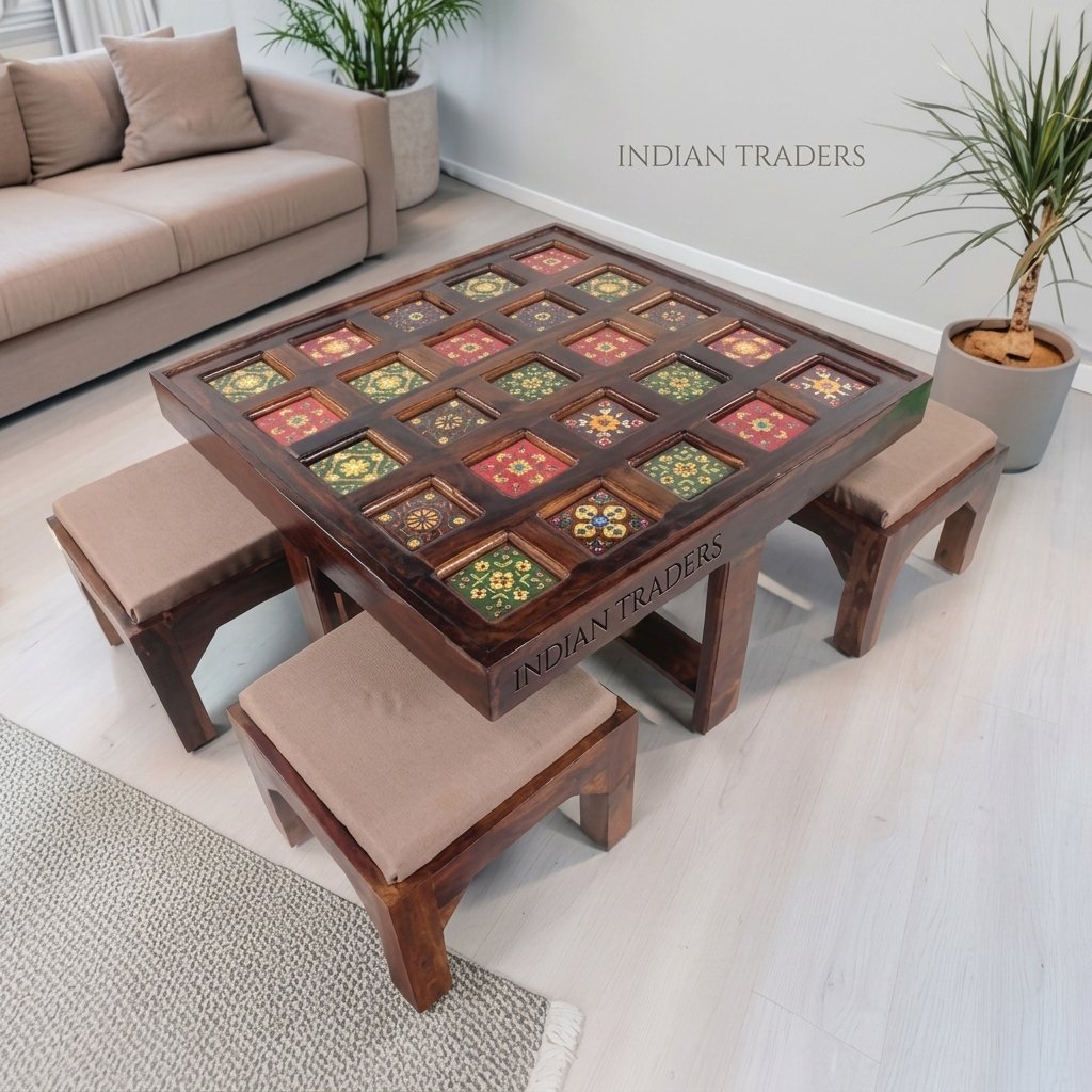 Traditional Wooden Coffee Table with Embedded Hand-Painted Tiles and Nesting Stools