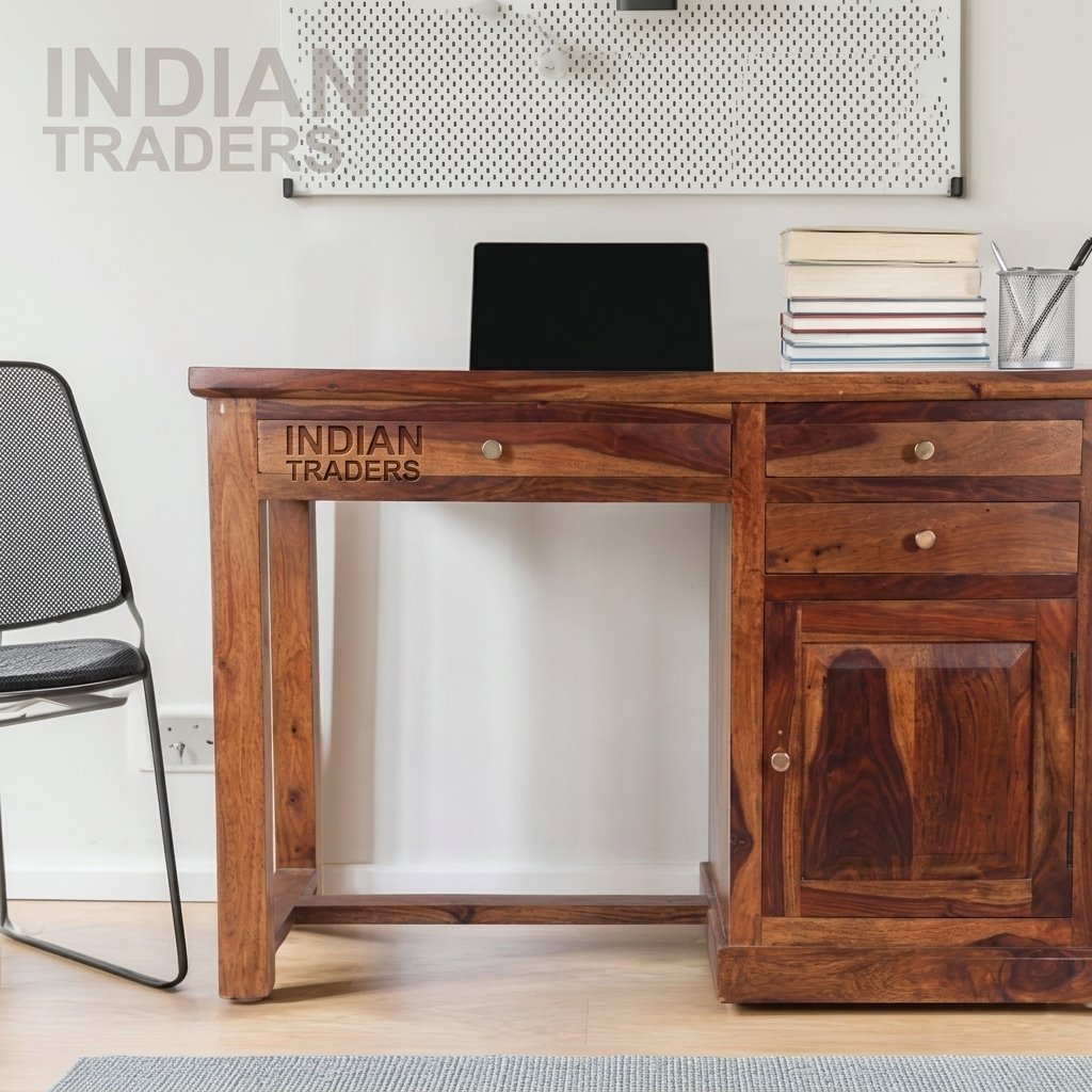 Classic Solid Wood Study Desk with Drawers and Storage Cabinet