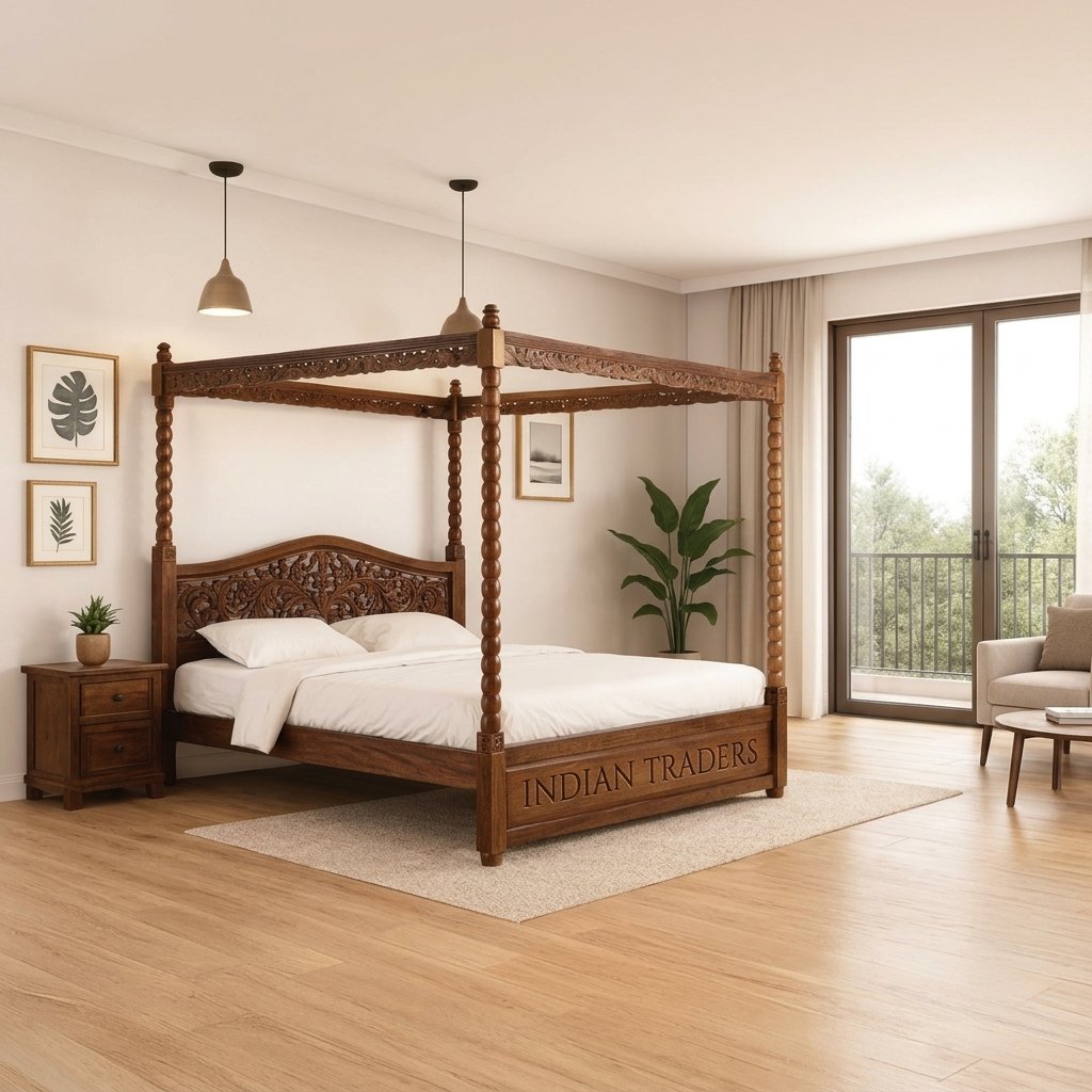 Royal Carved Four-Poster Wooden Canopy Bed