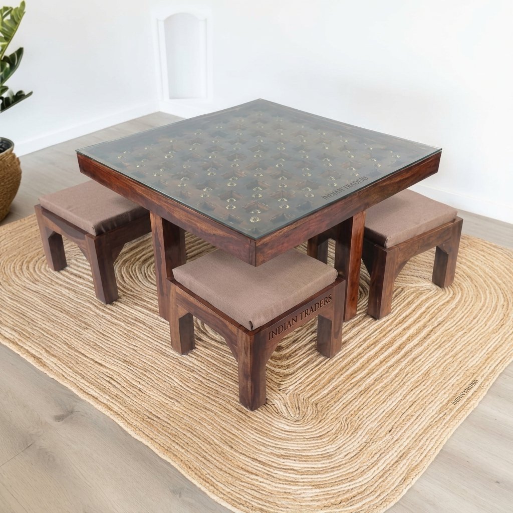 Glass Top Wooden Coffee Table with Nesting Stools