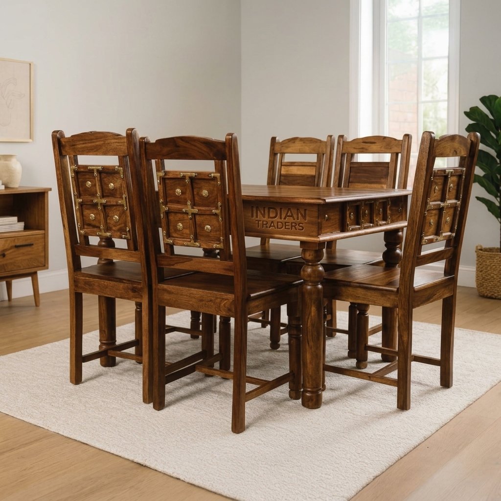 Premium Wooden Dining Table with Brass-Ornamented Chairs