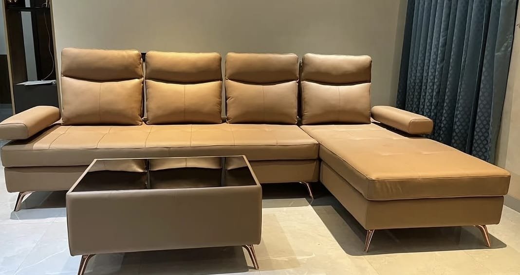 Tan L-Shaped Leather Sofa