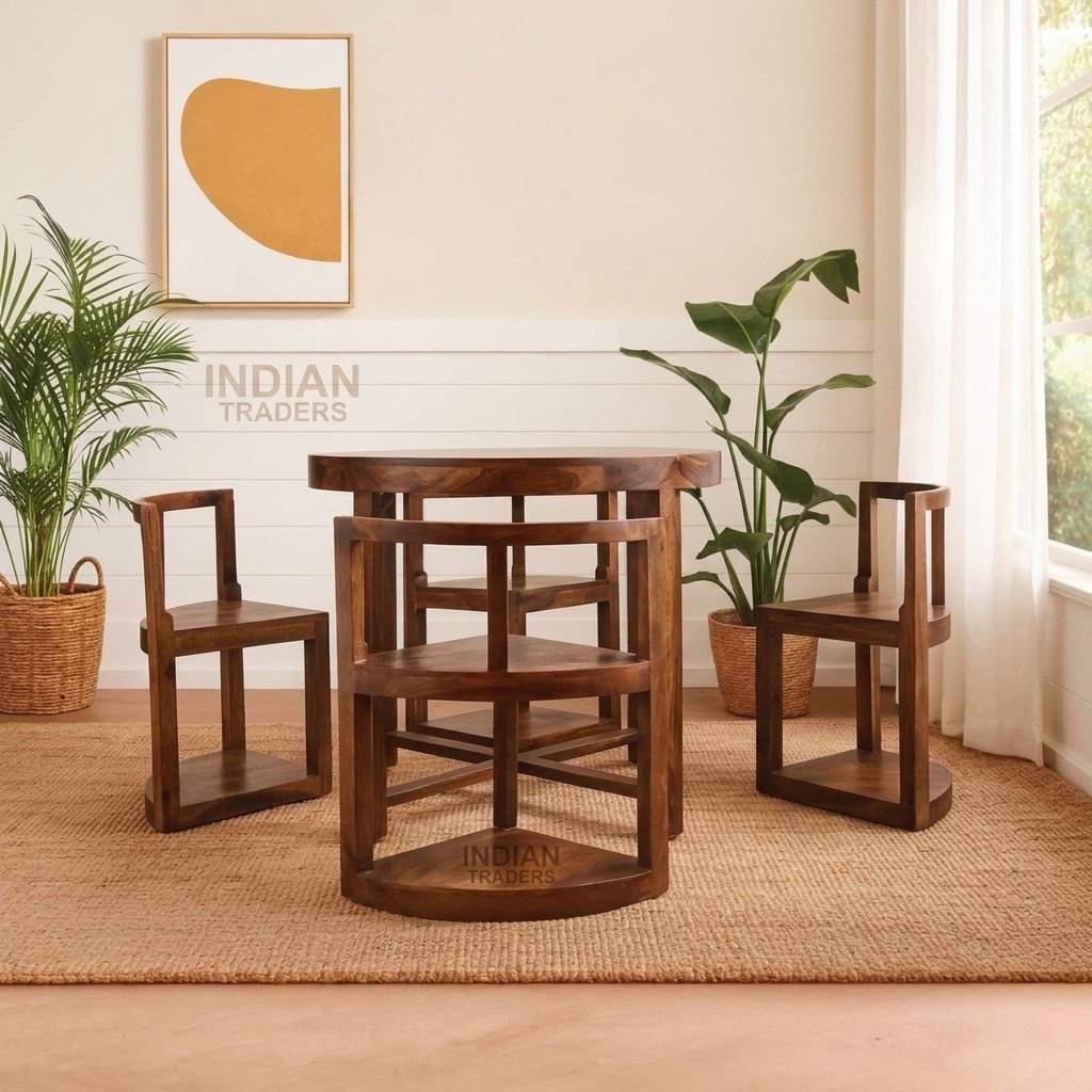 Elegant Round Wooden Dining Table with Space-Saving Nesting Chairs