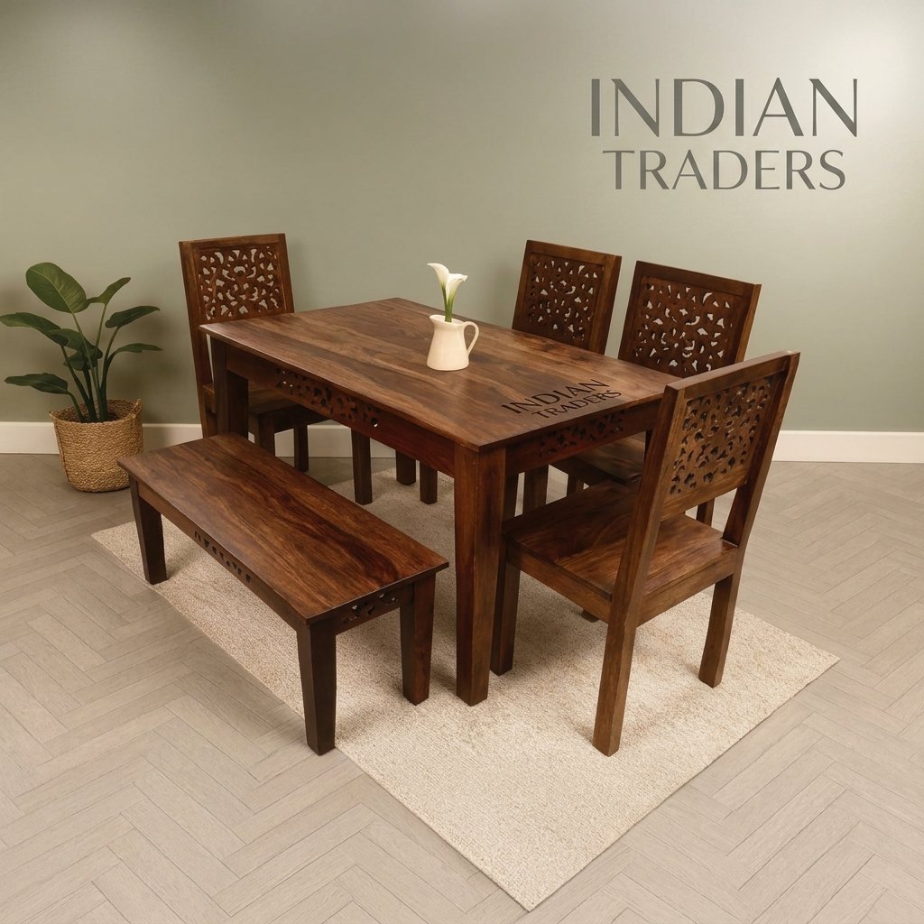 Solid Wood Dining Table with Bench and Jali-Carved Chairs